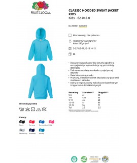 Bluza z kapturem rozpinana dziecięca  280g - 620450 - Fruit of the loom - Bluzy dziecięce z nadrukiem