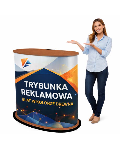 Trybunka PROMOCYJNA - REKLAMOWA z NADRUKIEM GRAFIKI - PROMO 2 NERKA - BLAT W KOLORZE DREWNA